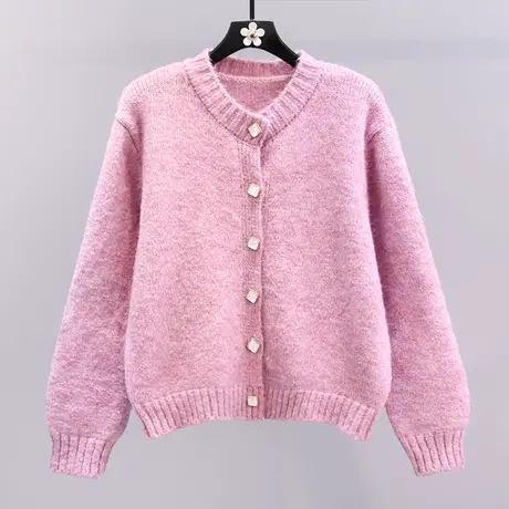 日系慵懒风粉色毛衣外套女秋冬2023新款宽松设计感软糯针织开衫商品大图