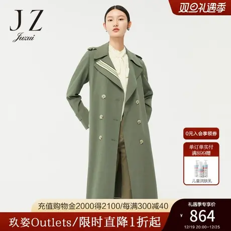 JZ玖姿官方奥莱胶印翻领绿色春季新款通勤风长款棉麻风衣女商品大图