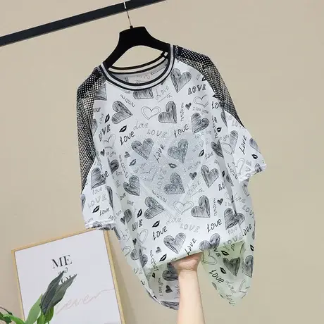 欧洲站2023夏装新款白色宽松大版短袖T恤女重工烫钻心形印花上衣商品大图