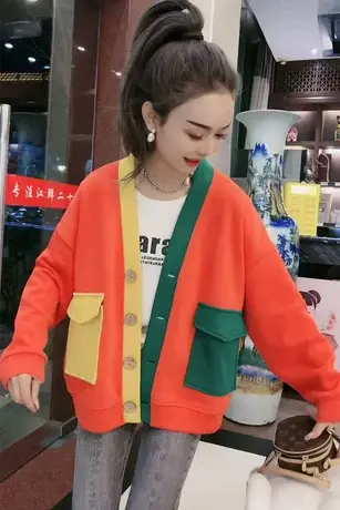 春秋女士短外套口袋撞色文艺拼色针织开衫V领长袖宽松卫衣上衣潮商品大图