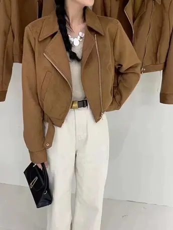 鹿皮绒外套女春秋2023新款美式复古小香风短款气质上衣修身百搭潮商品大图