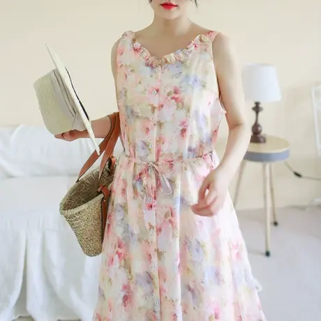 胖妹妹夏季2023新品雪纺印花修身背心裙 加大码花朵领开衫鱼尾裙图片