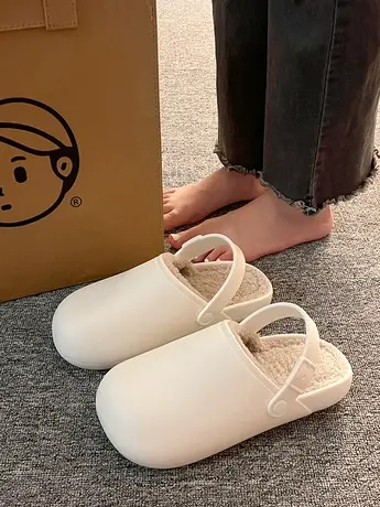 时尚包头半拖鞋女外穿2023秋冬新款厚底加绒一脚蹬懒人穆勒棉拖鞋图片