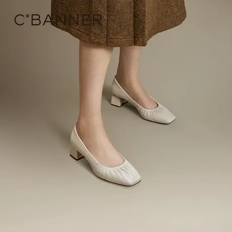 【静音系列】千百度褶皱粗高跟鞋女春季新款羊皮浅口法式单鞋百搭图片
