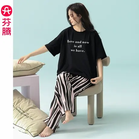芬腾女士睡衣夏季纯棉短袖圆领套装抗菌薄款休闲大码可外穿家居服商品大图