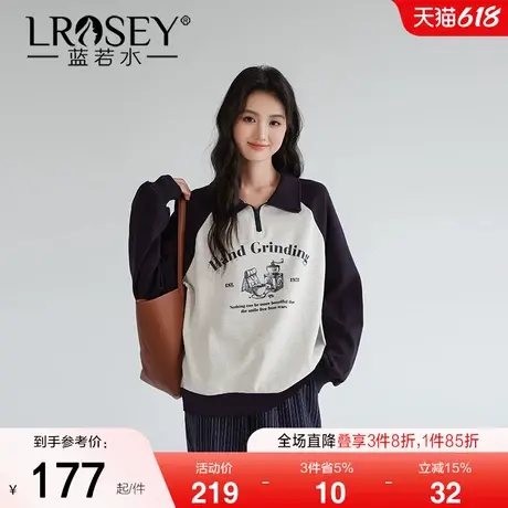 蓝若水大码女装半拉链Polo领印花卫衣春秋新款胖mm宽松插肩袖上衣商品大图