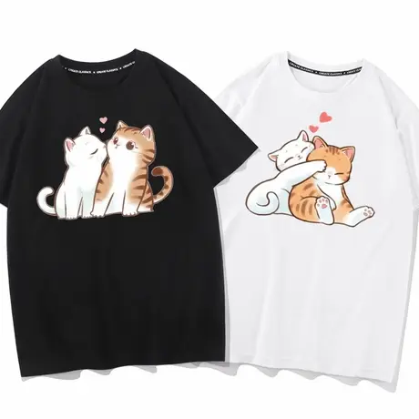 秀洛卡通情侣装白猫橘猫猫咪T恤衫半袖打底衫短袖纯棉宽松情侣款商品大图