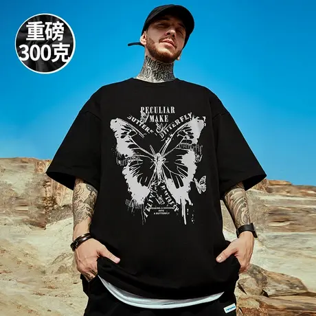 300g重磅美式复古蝴蝶加肥加大短袖t恤大码男装圆领纯棉胖子半袖商品大图
