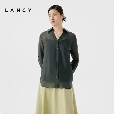 LANCY/朗姿2024夏季透气轻薄翻领衬衫苔绿色通勤透纱外搭上衣女图片
