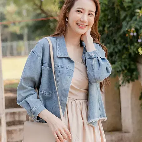 桔熊春秋季韩版做旧毛边牛仔外套复古水洗工装夹克女装大码EA3141图片