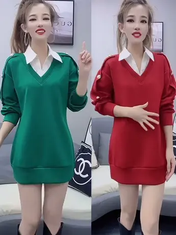 时尚设计感拼接衬衫翻领减龄中长卫衣女2023冬季新款气质套头上衣商品大图