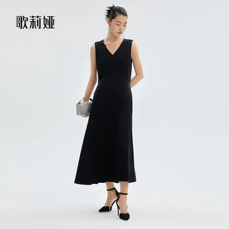 歌莉娅V领连衣裙女新款三醋酸黑色礼服背心裙气质小黑裙121L4K540图片
