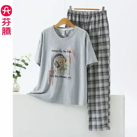 芬腾带胸垫睡衣女款夏季纯棉薄款短袖长裤套头外穿空调家居服套装商品大图