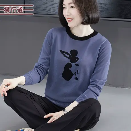 圆领撞色兔子提花宽松针织衫长袖女装大码外穿上衣服2023冬季新款商品大图