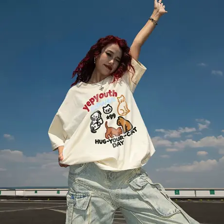 YEP美式卡通印花宽松t恤女短袖2025新款夏季潮牌纯棉情侣半袖上衣商品大图