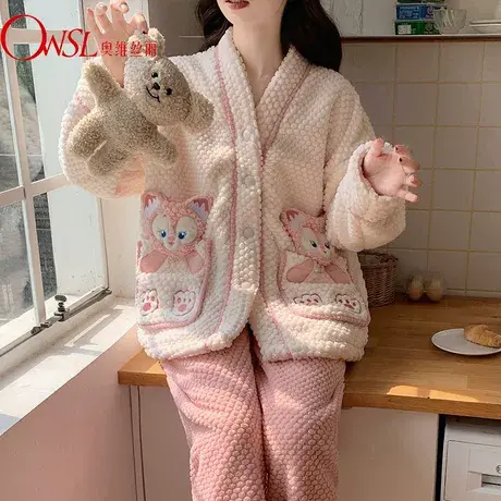 珊瑚绒睡衣女秋冬季加厚保暖可爱法兰绒家居服公主风套装商品大图
