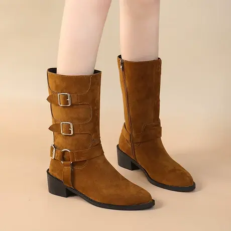 永希中筒靴女2023新款春秋季粗跟显瘦气质单靴洋气复古尖头骑士靴图片