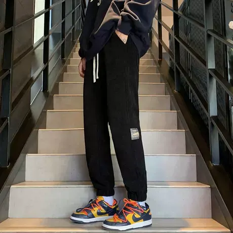 秋季男士休闲裤青年潮流锥形裤宽松大码黑色灯芯绒裤子男通勤百搭商品大图