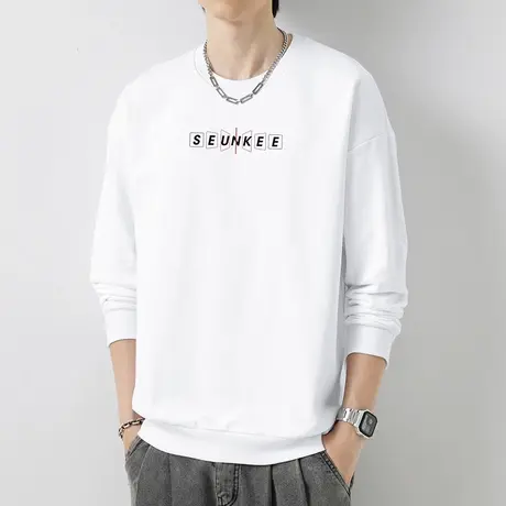 380g重磅纯棉卫衣男套头无帽上衣宽松潮流摇粒绒白色圆领长袖t恤商品大图