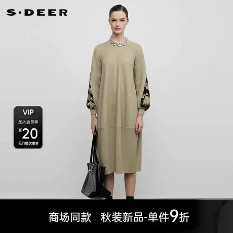 【商场同款】sdeer圣迪奥女圆领字母印花拼接长袖连衣裙S25381222商品大图