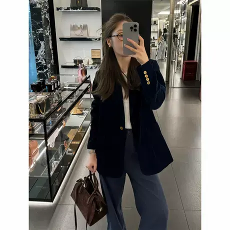 爵莱菲大码丝绒西服高级感竖条肌理纹口袋深蓝色秋季西装外套女图片