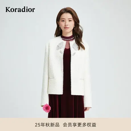 珂莱蒂尔秋季款气质名媛风白色羊毛呢亮片绣浪漫玫瑰短外套图片