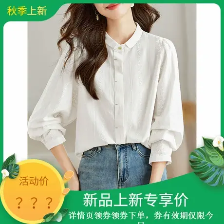 2025年秋季新款女减龄休闲纯色百搭纯棉刺绣长袖衬衫女装上衣商品大图