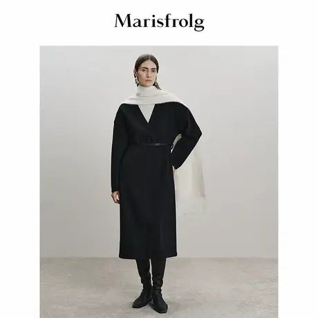 Marisfrolg玛丝菲尔2025冬新款黑色V领收腰羊毛长款外套毛呢大衣商品大图