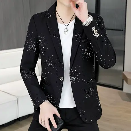 潮牌烫钻西服男士春秋季夜场个性痞帅气外套网红发型师修身小西装商品大图