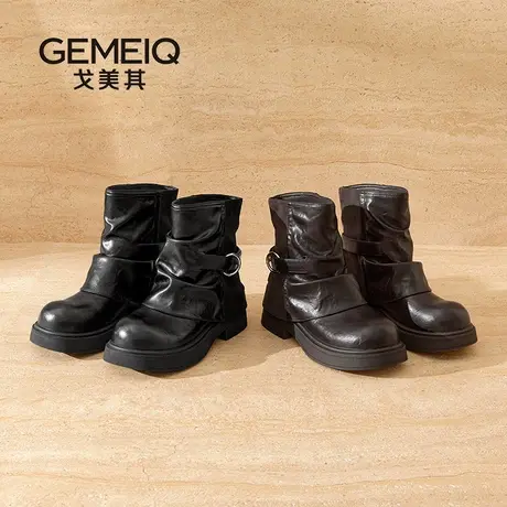 戈美其2025新款时尚女靴园头气质短靴皮带扣裤管靴复古短筒马丁靴图片