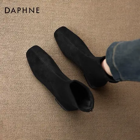 达芙妮法式方头绒面短靴女2025新款冬季加绒瘦瘦靴黑色高级感靴子商品大图