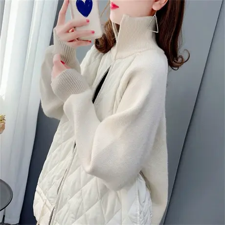 设计感拼接立领毛衣开衫女2022新款秋冬宽松洋气短款针织外套上衣商品大图