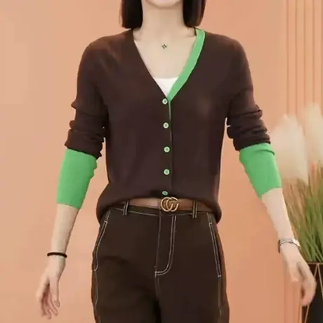 针织开衫女2023秋装新款高级感撞色拼接百搭休闲小众V领长袖上衣图片