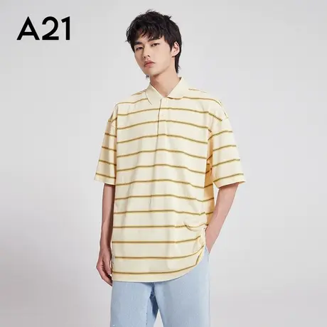 A21男装宽松翻领落肩短袖POLO衫 2023夏季新款撞色条纹百搭潮上衣图片