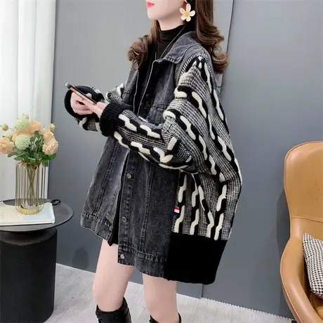 设计感毛衣拼接牛仔外套女秋冬2023年新款宽松慵懒风加厚洋气上衣商品大图