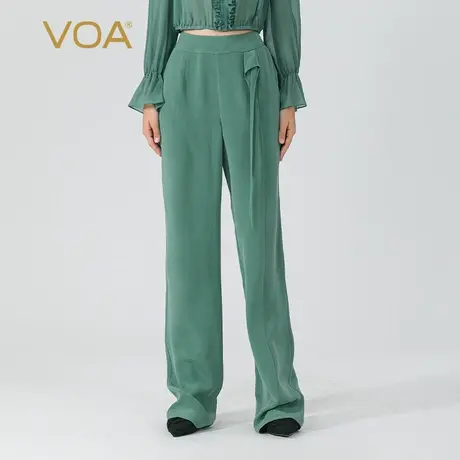VOA云杉绿30姆米砂洗重磅桑蚕丝侧口袋不对称活页点缀真丝阔腿裤商品大图