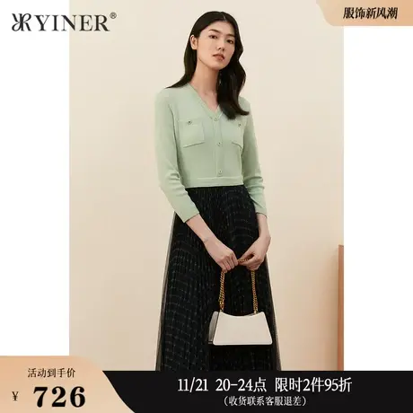 YINER音儿女装秋季时尚中长款V领拼接字母logo连衣裙图片