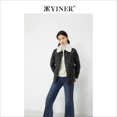 YINER音儿线上专选女装冬季菱格纹短款水貂毛领真皮羽绒服图片