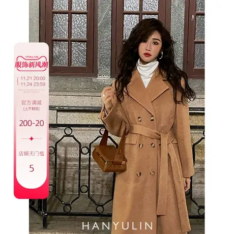 韩语琳年新款复古港风双排扣过膝宽松毛呢加厚呢子大衣外套女商品大图