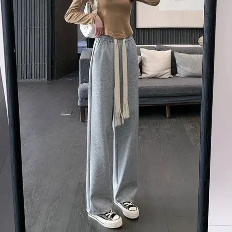 加绒抽绳阔腿裤女春秋高腰宽松直筒运动裤显瘦加长黑色休闲卫裤图片