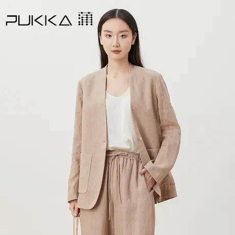 蒲PUKKA 春新品原创设计女装亚麻休闲西装短舒适无领小外套图片