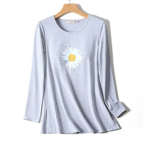 遮屁股宽松带胸垫t恤女长袖小雏菊两边侧开叉免穿文胸上衣秋冬季图片