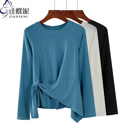 秋冬新款韩版圆领宽松纯色纯棉不规则两穿长袖体恤上衣休闲女装商品大图