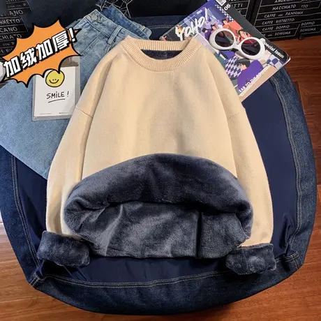 加绒加厚圆领毛衣男冬季新款港风宽松百搭保暖针织衫休闲打底线衣商品大图