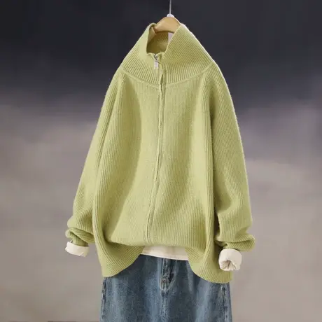 2023春季新款韩版宽松拉链针织衫毛衣女上衣长袖纯色外套女士百搭商品大图