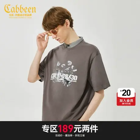 卡宾男装花卉印花纯棉T恤夏新款数字宽松短袖图片