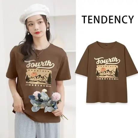 ZR真维斯短袖t恤咖啡色纯棉2023 夏季女装新款半袖流行美式女上衣商品大图