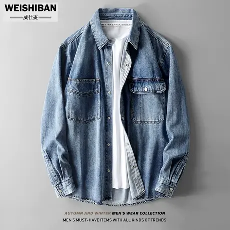 复古经典牛仔衬衫男长袖秋季百搭长袖工装牛仔衬衣外套休闲上衣男图片