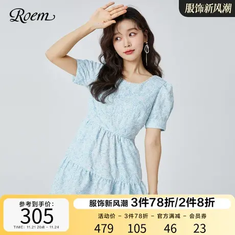 Roem夏装新款u型领蓝色碎花裙气质青春甜美收腰小个子连衣裙女图片