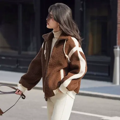 时尚气质外套2023年冬季新款立领拼接百搭休闲减龄短款皮草上衣商品大图